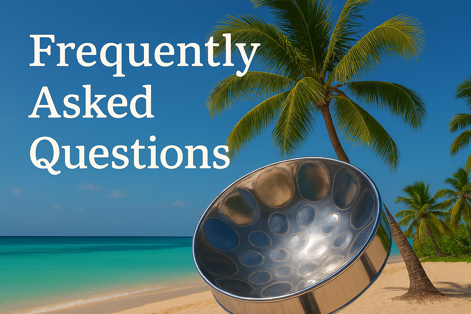 alt="Caribbean FAQ image featuring steel drum and coconut tree, referencing frequently asked questions about visiting St. Maarten"